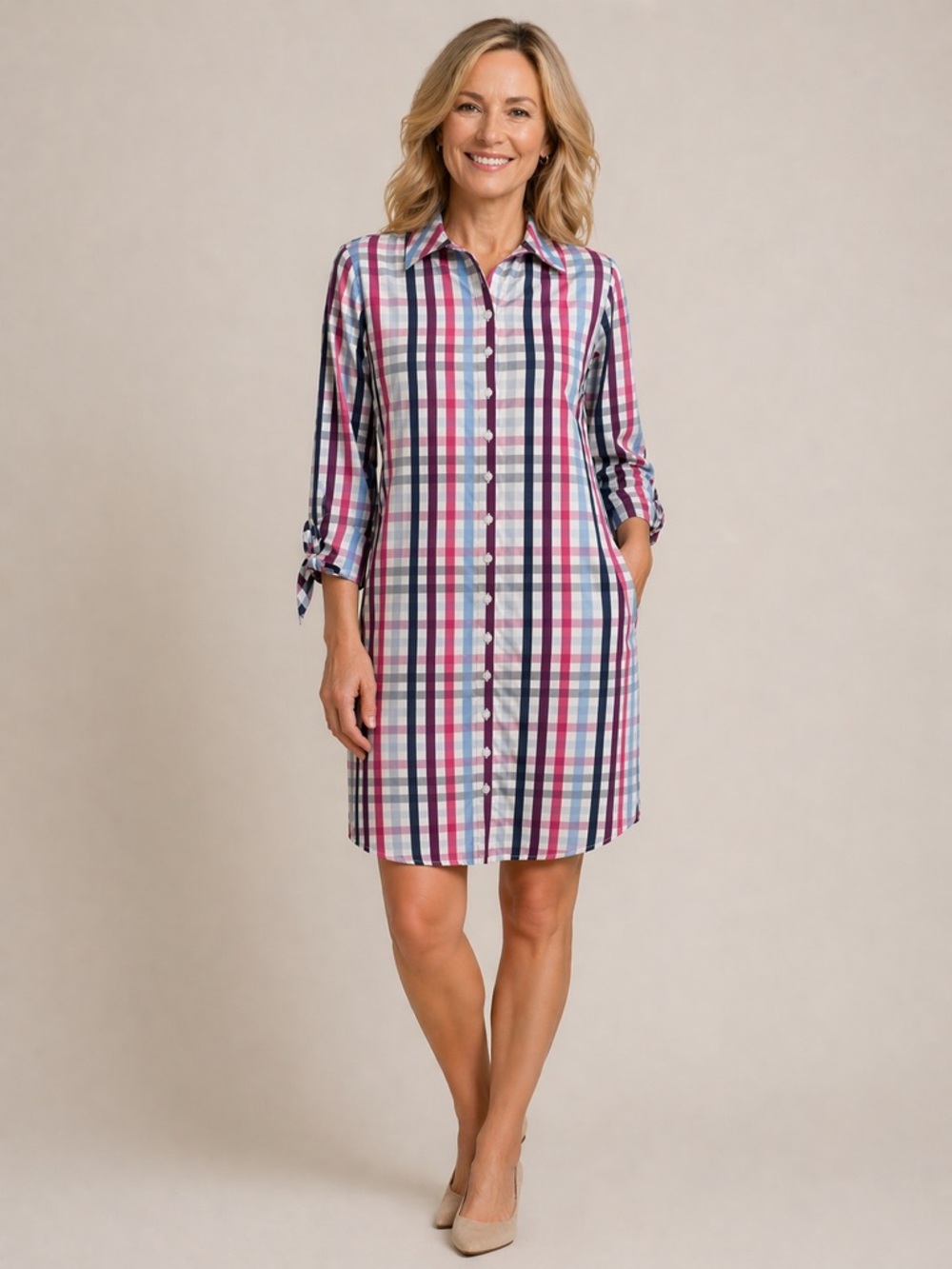 Anne Fontaine Arielle Plaid Shirt Dress Cotton Button Front Size 38 US 6